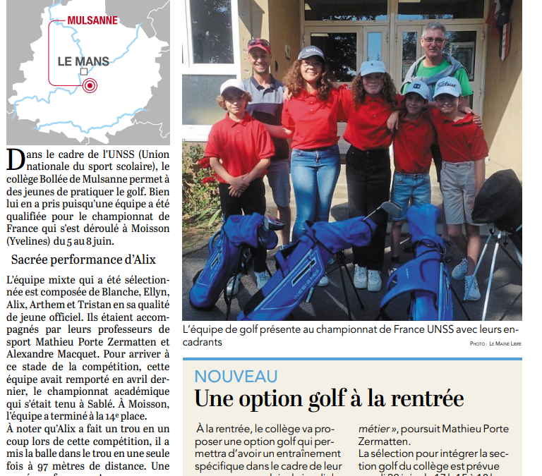 Le golf au collège Bollée – article du Maine Libre