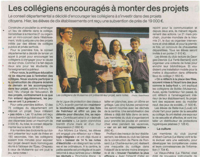 Article Ouest France -Les collégiens encouragés à monter des projets